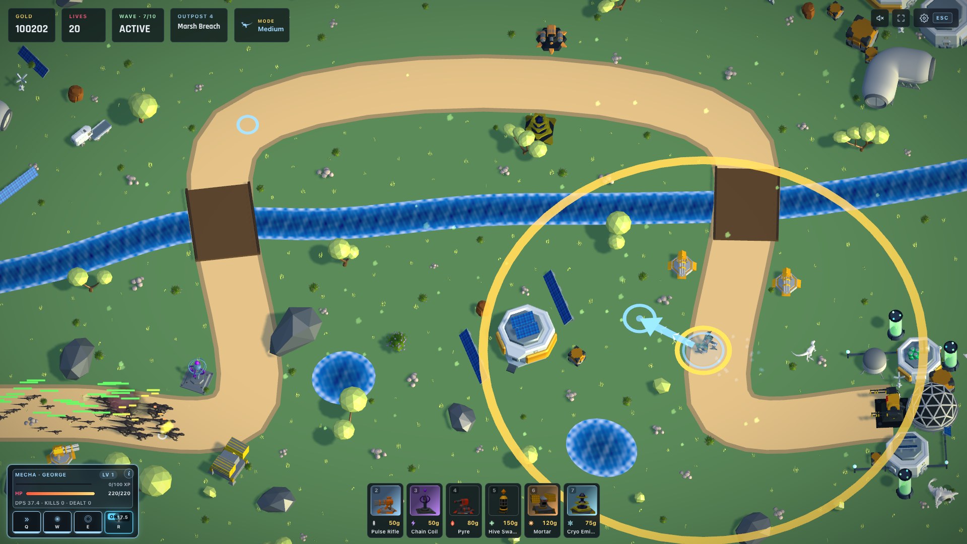 Top-down view of the Jungle Outpost: a raptor pack advancing along the dirt path toward turrets guarding the base
