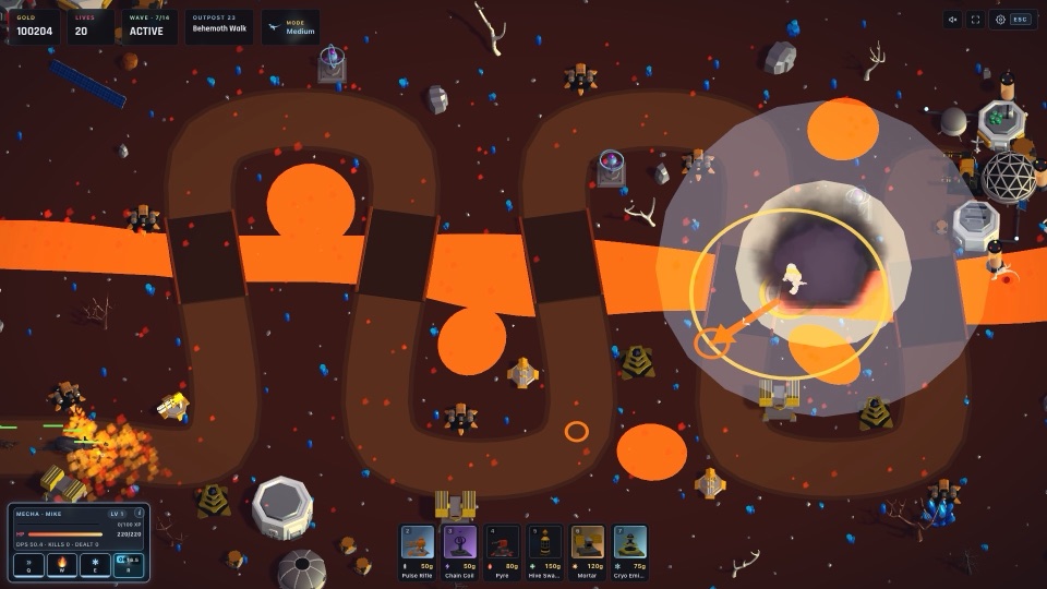 Lava biome outpost: turret clusters with shield domes holding paths cut between glowing lava flows