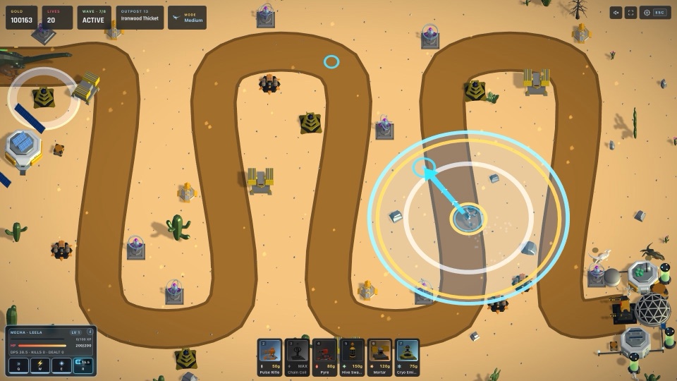 Desert biome outpost: two dirt roads crossing mid-map, tower domes covering both lanes
