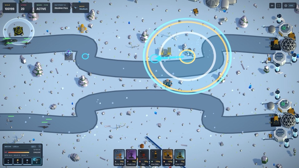 Snow biome outpost: a grey road winding through snowfield toward the base, hero mech on patrol